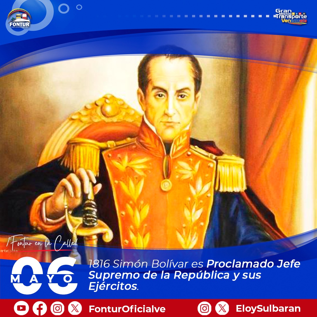 #TalDíaComoHoy | Un #6May de 1816 | El Libertador Simón Bolívar fue nombrado Jefe Supremo de la República y sus Ejércitos, tras su victoria en la batalla naval Los Frailes. Su proclamación significó el inicio de la tercera República de Venezuela 🇻🇪. #PatriaSeguraConNico