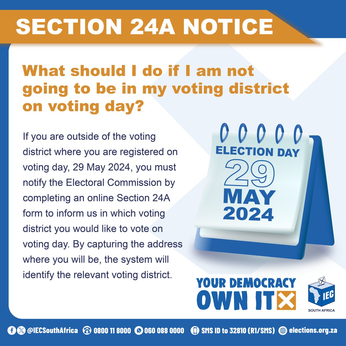 🔔You have until 17 May to inform the Commission if you'd like to vote at another voting station! Head to bit.ly/49zdtFZ or visit your local IEC office during business hours to submit your notification. #SAelections24
