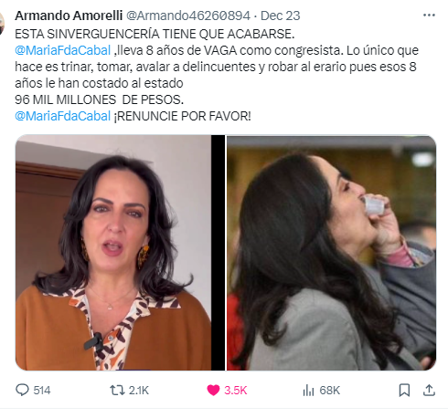 @MariaFdaCabal Esta vaga, que presenta documentación falsa para salir de rumba, le cuesta miles de millones a los colombianos.
@MariaFdaCabal, debe irse del congreso. 
Tiene imputaciones por compra de votos, por infiltrar investigación fiscal a los hampones y por ser deshonesta y expropiadora