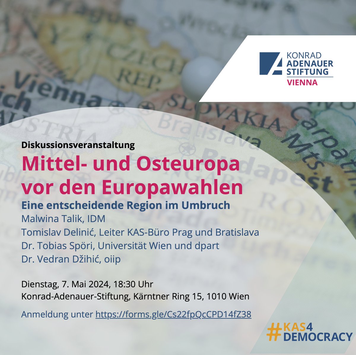 Morgen geht es bei der @KASonline in Wien um die EU-Wahlen in Mittel- und Osteuropa. Freue mich auf die Diskussion mit @mal_talik (@IDMVienna), @vedrandzihic (@InfoOiip) und Tomislav Delinić (@KASonline). Anmeldung: forms.gle/Cs22fpQcCPD14f…