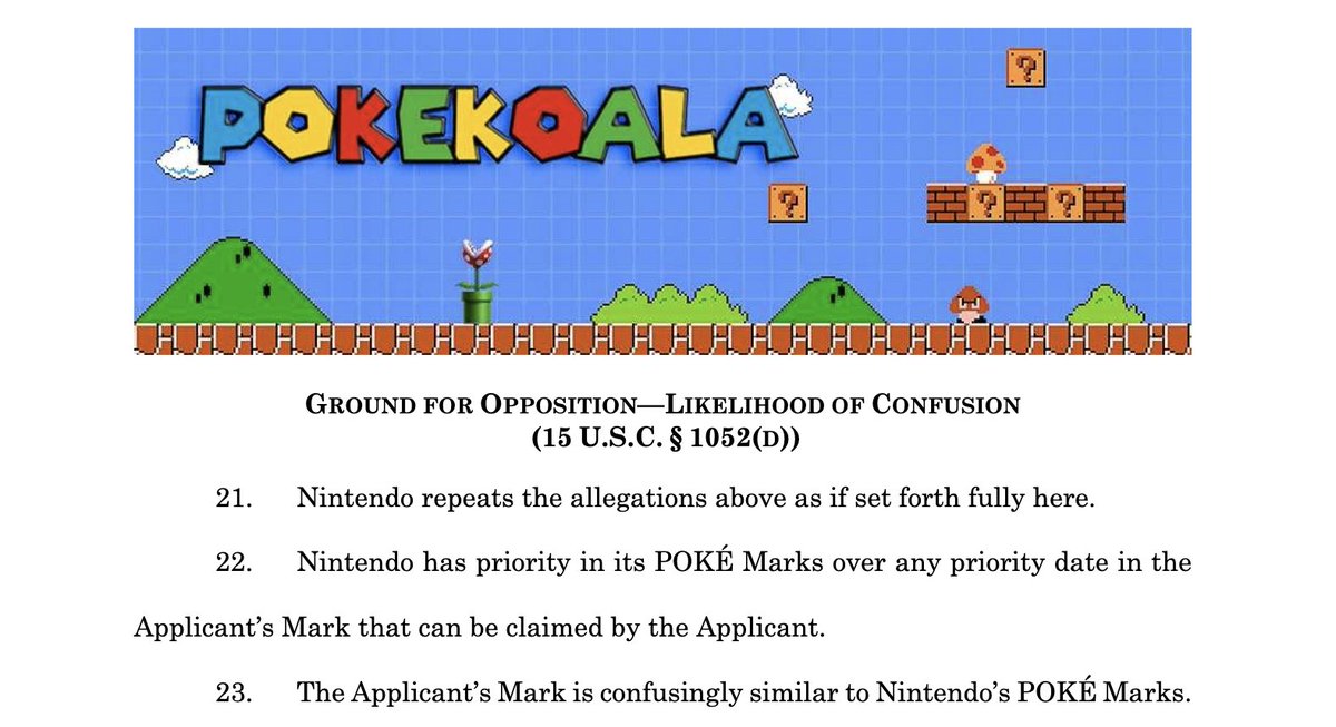 Nintendo objects (understandably) to a Chinese company trying to trademark the term Pokékoala Turns out that Pokémon, Poképark, Pokéball, Pokédex, Poképark, etc are collectively called Poké Marks. Now you know gamefile.news/p/us-video-gam…
