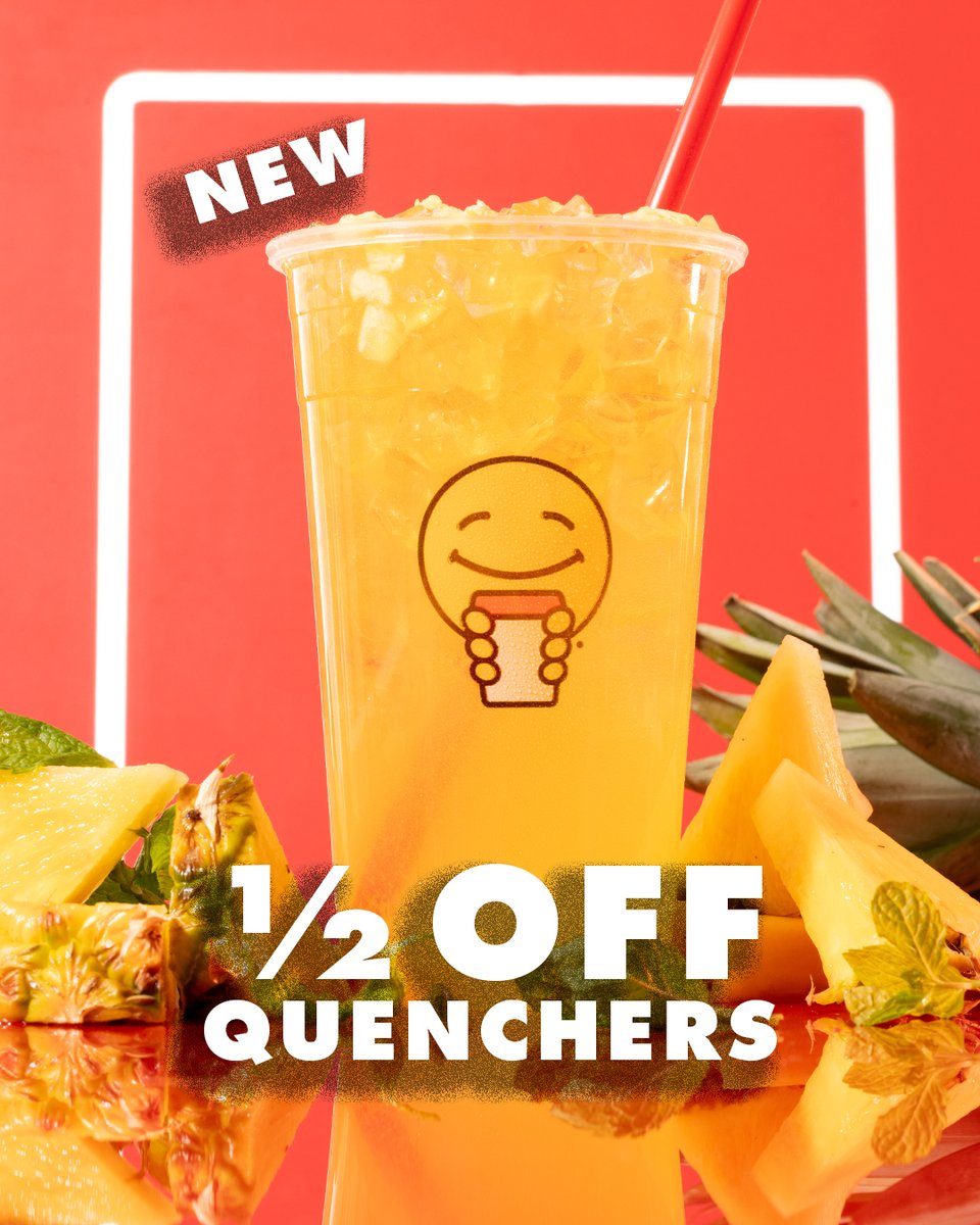 Enjoy 1/2 off NEW Scooter's Quenchers™ TODAY and every Monday in May!* 🍍 🍓Try the NEW flavors in Pineapple Mint and Strawberry Lime. *Valid 5/6/24 only. Your offer will appear through your mobile app on the Rewards tab and will apply to qualifying carts when toggled on.