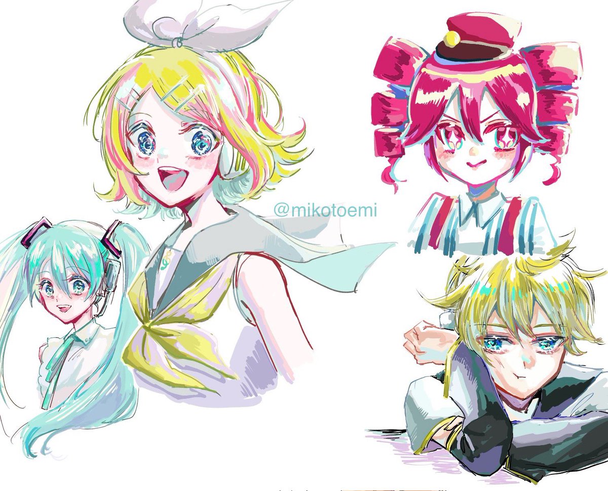 hatsune miku ,kagamine len ,kagamine rin ,kasane teto long hair looking at viewer blush smile open mouth short hair blue eyes  illustration images