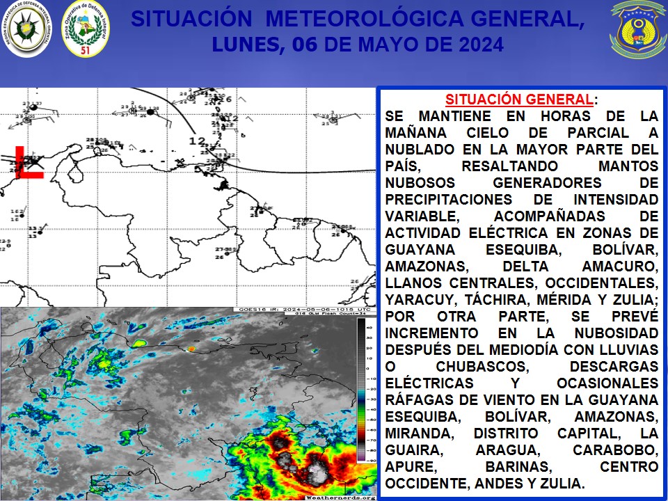 #PatriaSeguraConNico

📡¡FANB EN CONSTANTE MONITOREO!🇻🇪 

📢 La REDI ORIENTAL 🪖 a través de la oficina de Meteorología Aeronáutica de Barcelona te presenta el pronóstico ⛈️🌤️⛅ de hoy #6Mayo

@PCivil_Ve
@RedanOriente
@OrientalRedan