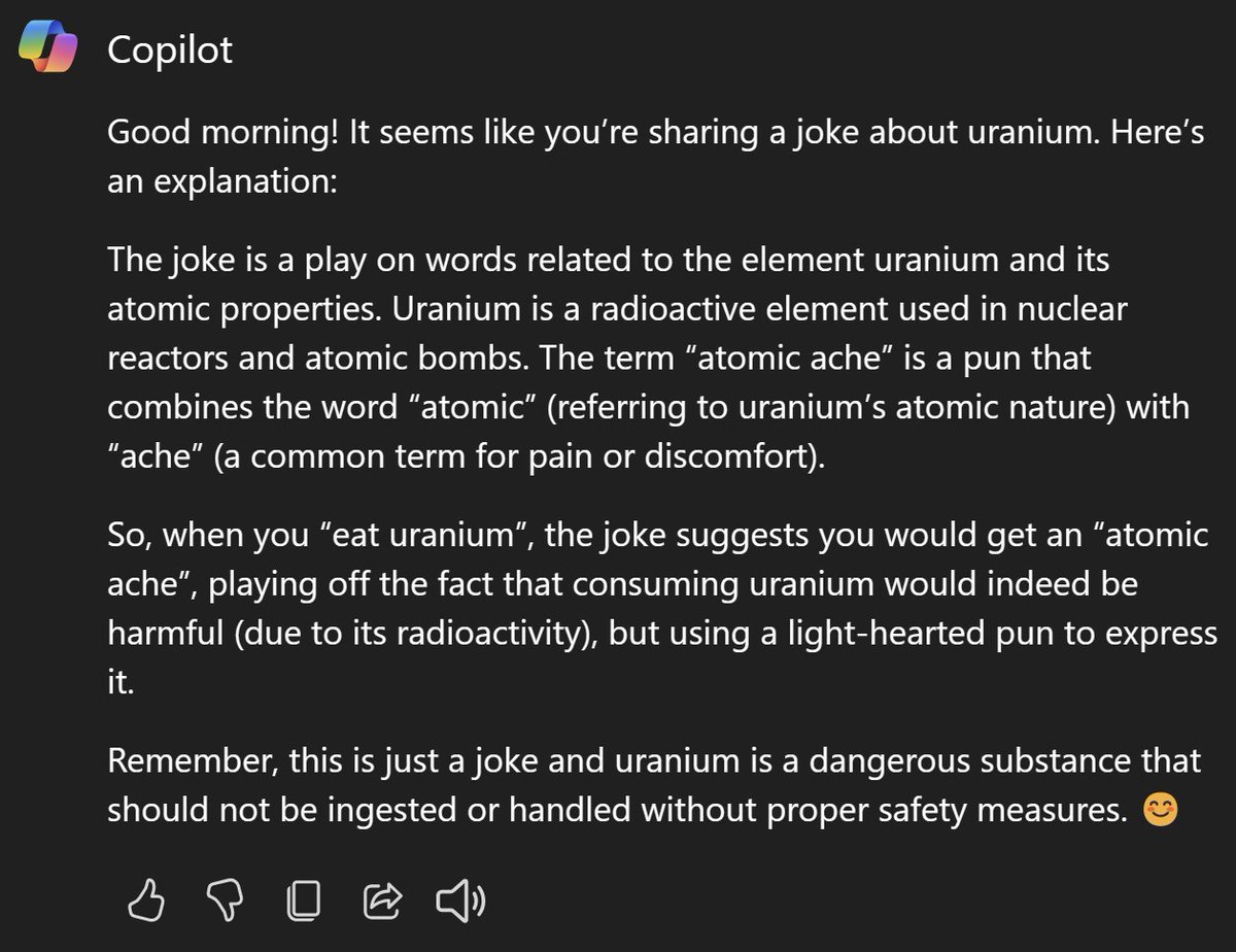 Good morning, my 2 followers - New research has just discovered what happens when you eat uranium. You get: atomic ache yeah As always, AI explains: