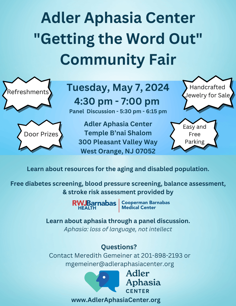Our 'Getting The Word Out' community fair in West Orange is happening tomorrow! Join us from 4:30pm – 7:00pm for a panel discussion consisting of members with aphasia, caregivers, SLPs, and more. adleraphasiacenter.org/events/getting… #aphasia #westorangenj