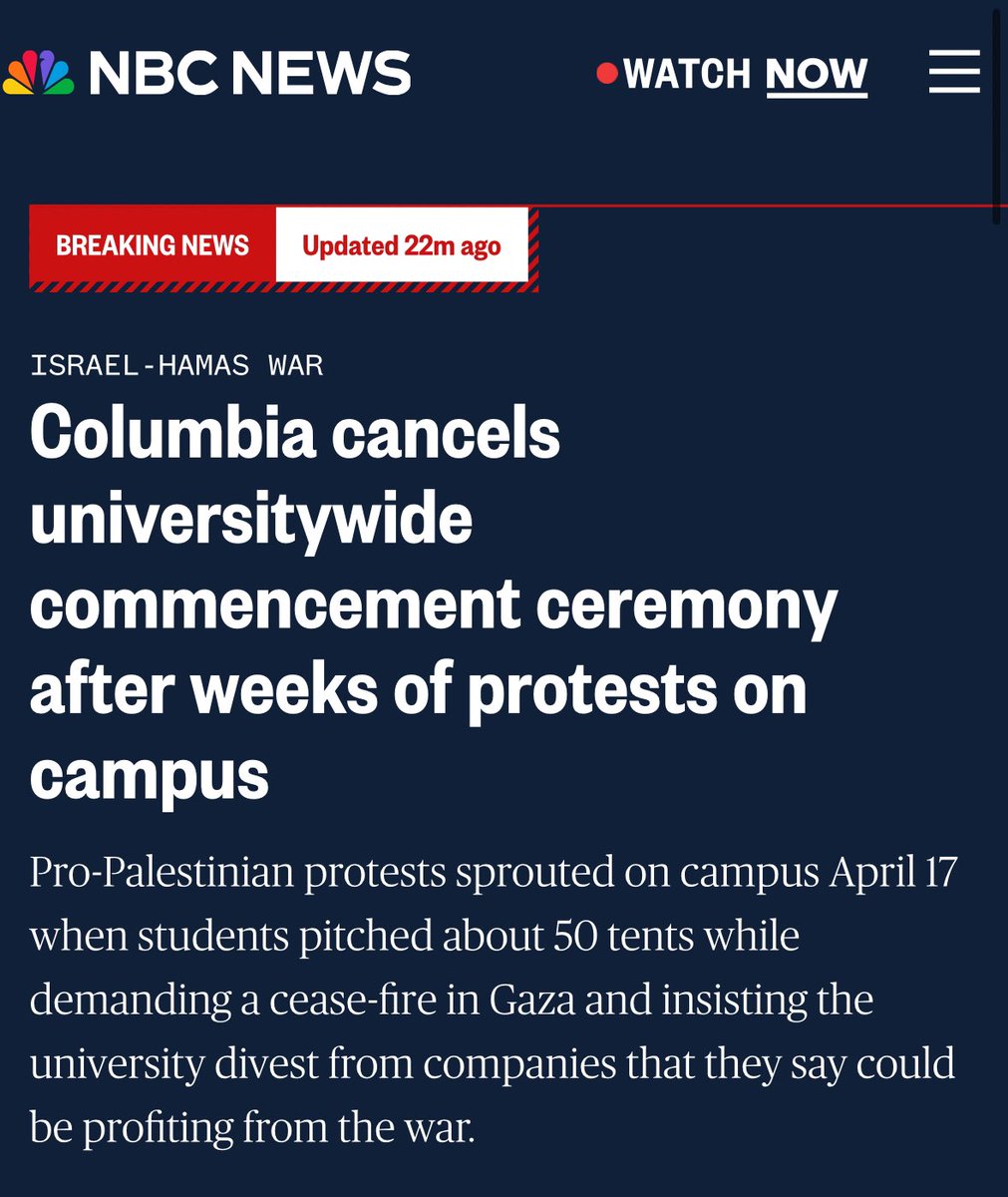 Columbia University cancels graduation.

They can't control the violence of SJP and other pro-Palestinian organizations on campus.

#Columbia