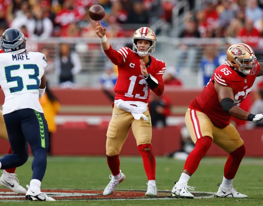 Brock Purdy shines with a career-high 368 passing yards, leading the #49ers to a 28-16 victory over the Seahawks!  #NFL #MVP #GoNiners