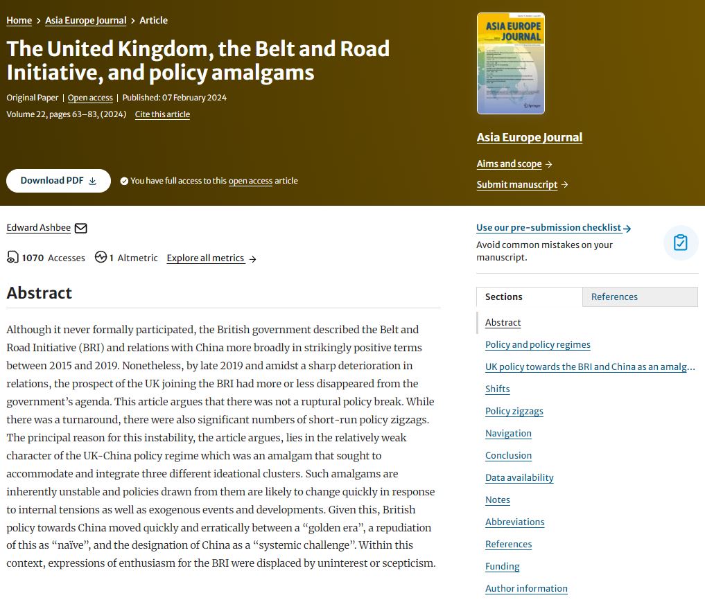 🔓 You have full access to this open access article from Asia Europe Journal: The #UnitedKingdom, the #BeltAndRoadInitiative, and policy amalgams by Edward Ashbee doi.org/10.1007/s10308…