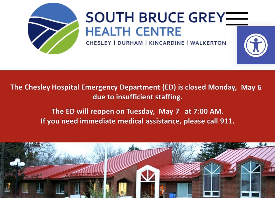 Last minute closure at #Chesley ER. This was not announced as of 7AM this morning. Imagine allowing an emergency department to live on a knife’s edge like this. For shame @fordnation & @SylviaJonesMPP #SavePublicHealthcare #ONpoli