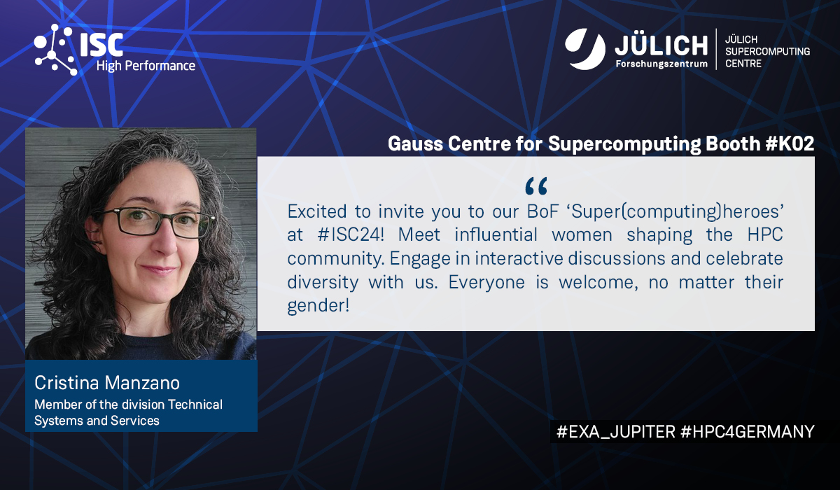 Meet our experts at #ISC24 Cristina leads the Technical Services team @ JSC. Specializes in data & file systems. Key player in the LOFAR Long Term Archive. Passionate about tech & gender equality, co-founder of the German WHPC Chapter JuWinHPC. 🎙️ go.fzj.de/isc24_bof_supe… #WHPC