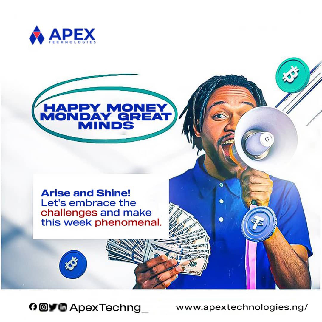 Happy Money Monday Great Minds.
Arise and Shine!

 Let’s embrace the challenges and make this week phenomenal!
 
Visit us at apextechnologies.ng for your business growth.

#apextechnologies 
#digitalmarketingagency