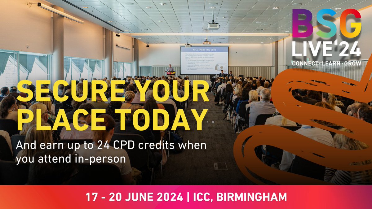With just 6 weeks to go until #BSGLIVE24, make sure you have all your plans in place to join us on 17 - 20 June in Birmingham for the biggest annual meeting yet! 🎉 Attend in-person and earn up to 2️⃣ 4️⃣ CPD credits, get your ticket today 🎫 live.bsg.org.uk/register/