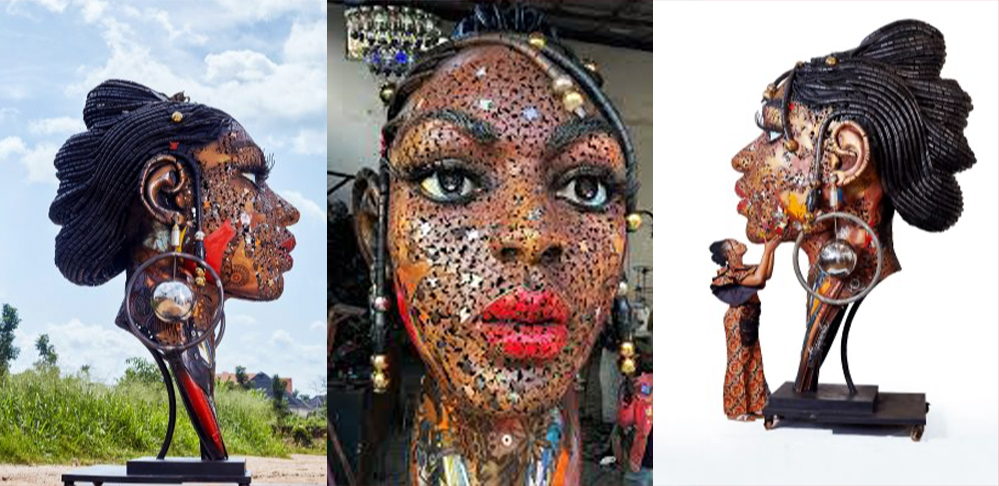 Nigerian artist Dotun Popoola creates polychromatic sculptures from scrap materials. “Irinkemi Asake” is a 12-foot-tall, 882-pound piece depicting the decorated head and neck of an African woman, made from scrap metal, galvanized pipes, automobile parts, stainless steel, and…