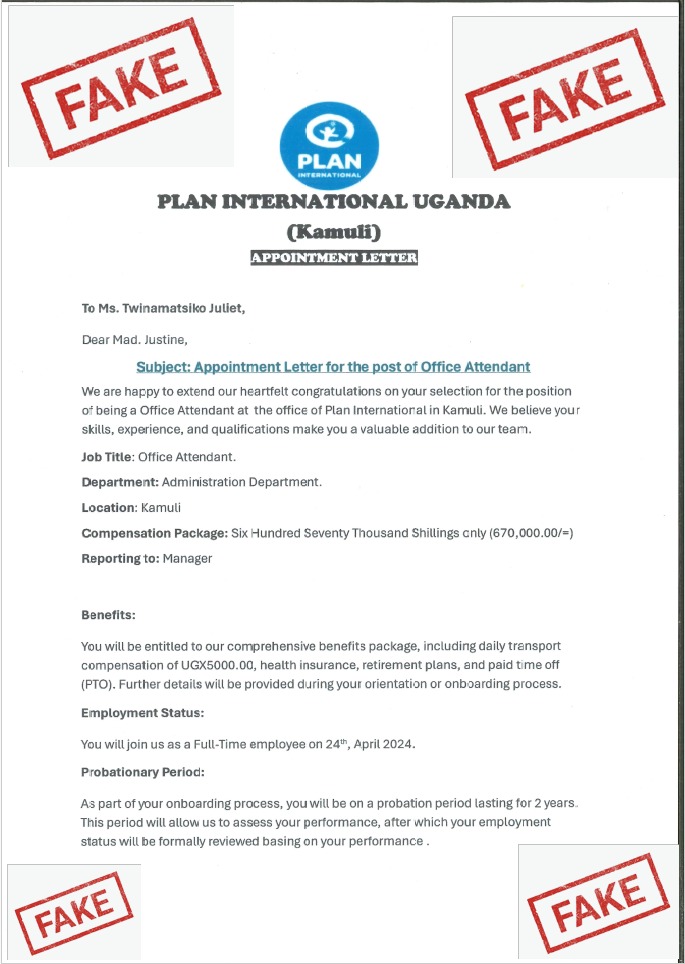@PlanUganda warns of fake job offers. Official vacancies are on our social media platforms on X and Plan International Uganda on LinkedIn. No fees for applications are required. For Inquiries call: +256 312 305 000 or +256 414 305000, or email uganda.co@plan-international.org