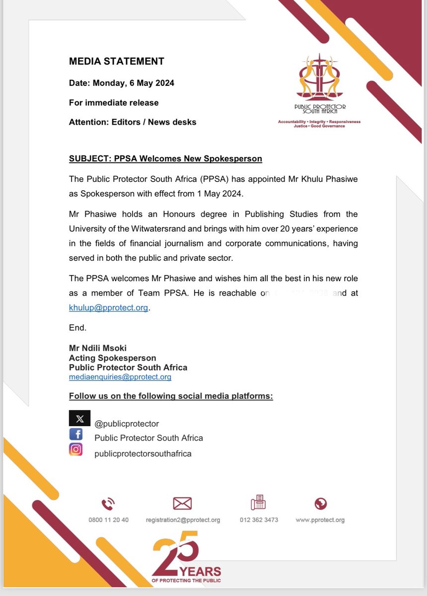 Khulu Phasiwe is the new Public Protector South Africa spokesperson.