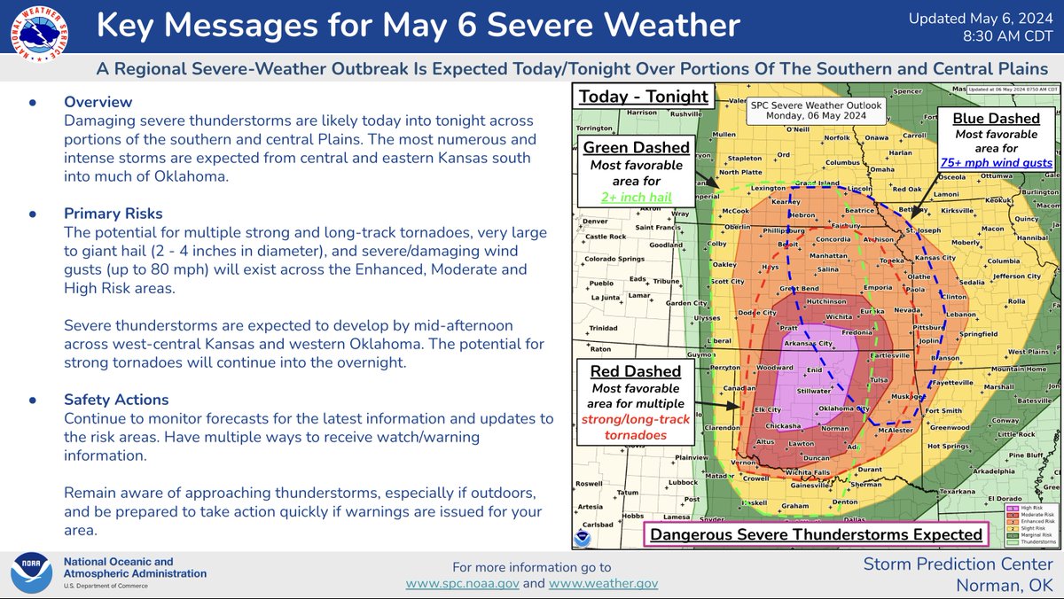 A dangerous outbreak of severe thunderstorms is expected this afternoon into tonight across parts of central/eastern KS and much of OK. Multiple strong, long-track tornadoes, very large hail (2-4 inch) and damaging gusts to 80 mph are all possible this afternoon into tonight.