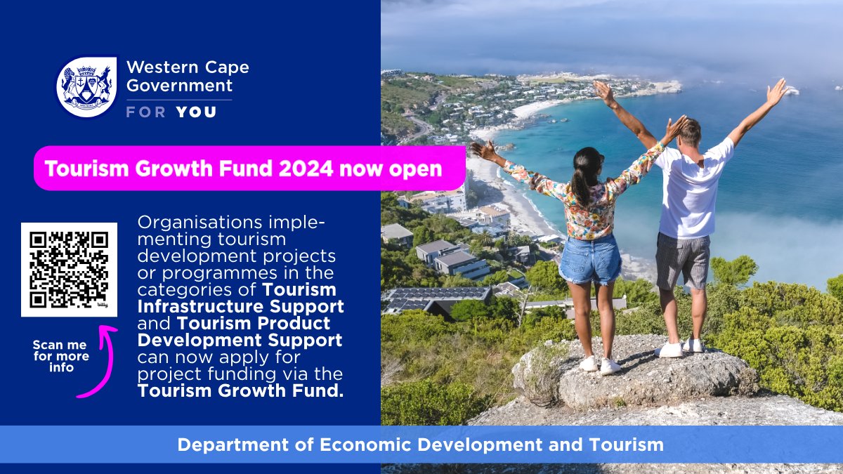 Apply now for project funding through the Tourism Growth Fund in the categories of Tourism Infrastructure Support and Tourism Product Development Support. Visit bit.ly/TourismGrowthF… or scan the QR code for more information.