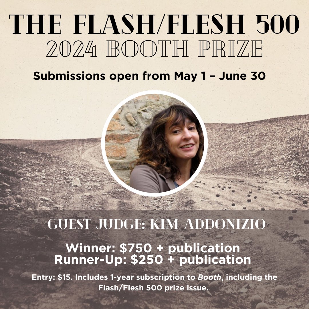 BoothAJournal's tweet image. Booth’s summer contest IS OPEN. We are beyond excited to have the sensational @kim_addonizio as our guest judge. Learn more about her and The Flash/Flesh 500: booth.butler.edu/blog/summer-wr…

#writingcontests #lit #litjournal #literaryjournal #writerlife #writerscommunity  #poetrysociety