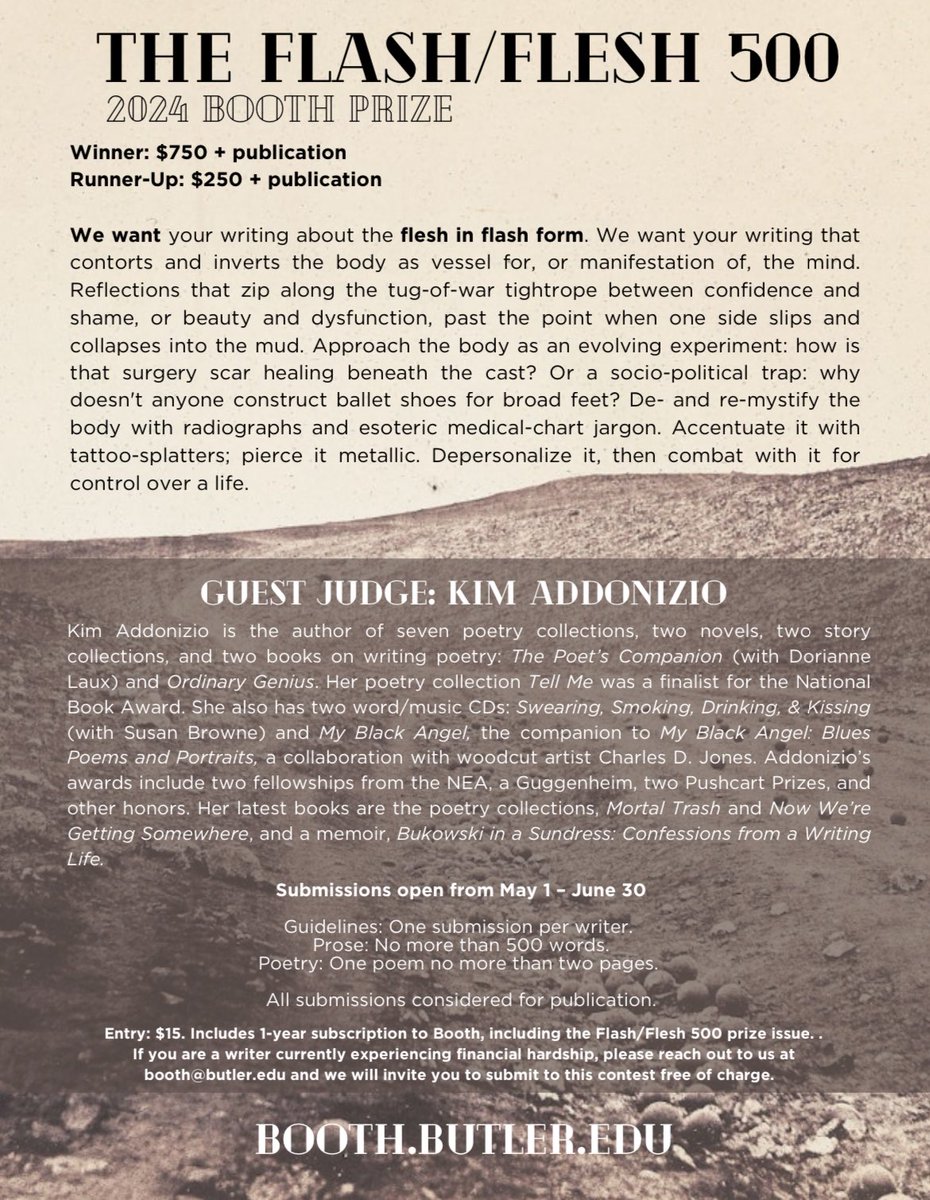 BoothAJournal's tweet image. Booth’s summer contest IS OPEN. We are beyond excited to have the sensational @kim_addonizio as our guest judge. Learn more about her and The Flash/Flesh 500: booth.butler.edu/blog/summer-wr…

#writingcontests #lit #litjournal #literaryjournal #writerlife #writerscommunity  #poetrysociety