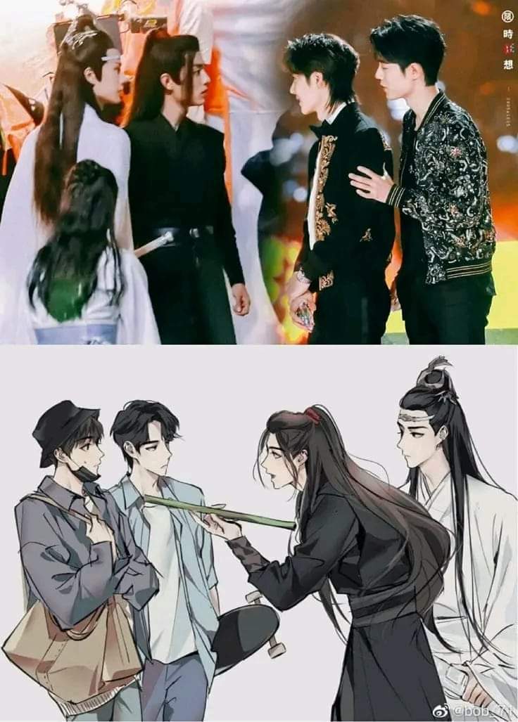 Wang yibo and weiying flirting, xiao Zhan and lan Zhan helplessly looking at their partners flirting with their reflection 🤗🤗 (ctto)