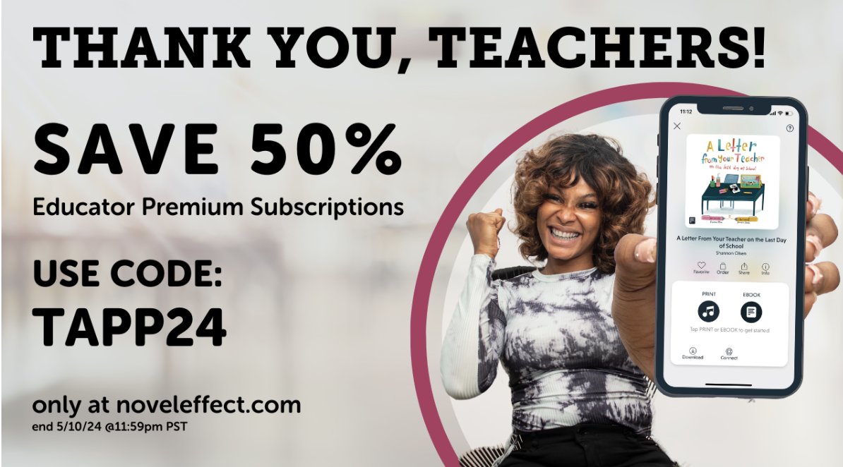 As a token of our appreciation, enjoy an exclusive 50% off all educator subscriptions—now just $25! 🍎 Use code TAPP24 at checkout. Hurry, this offer expires May 10th!: noveleffect.com/product/educat…