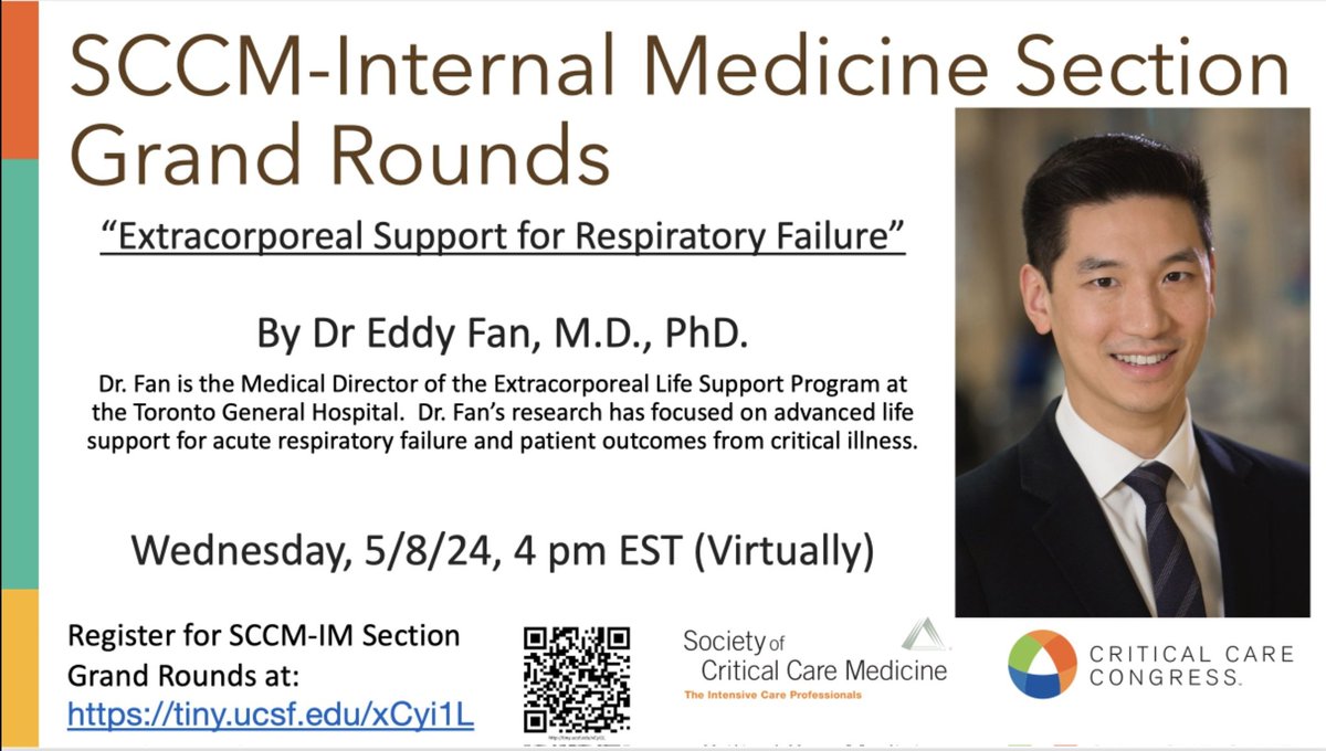 Dr. Eddy Fan @efan75 from TGH @CritCareSociety will discuss ECMO for Respiratory Failure at Internal Medicine Grand Rounds this Wednesday at 4pm. Register Now: tiny.ucsf.edu/xCyi1L @ELSOOrg @SCCM