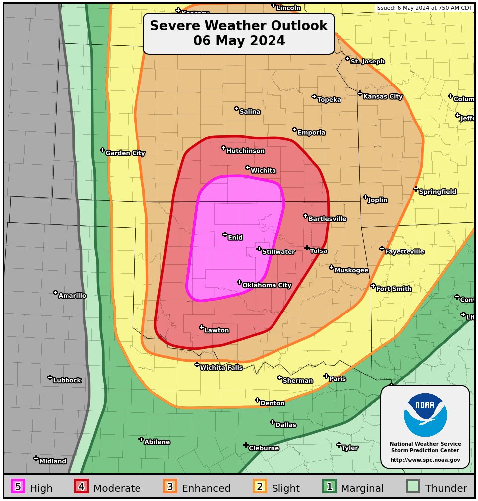 NWSSPC's tweet photo. 8:26am CDT #SPC Public Severe Weather Outlook #PWO concerning #kswx #okwx https://t.co/gJ2zNdXZOS https://t.co/0aQMUFDdbw