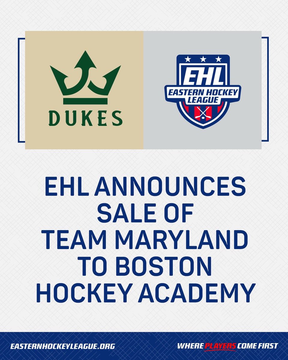 EHL Announces Sale of Team Maryland to Boston Hockey Academy Boston Dukes to Join North Division Out of Tewksbury, MA 🔗- bit.ly/44uRTRQ #WherePlayersComeFirst