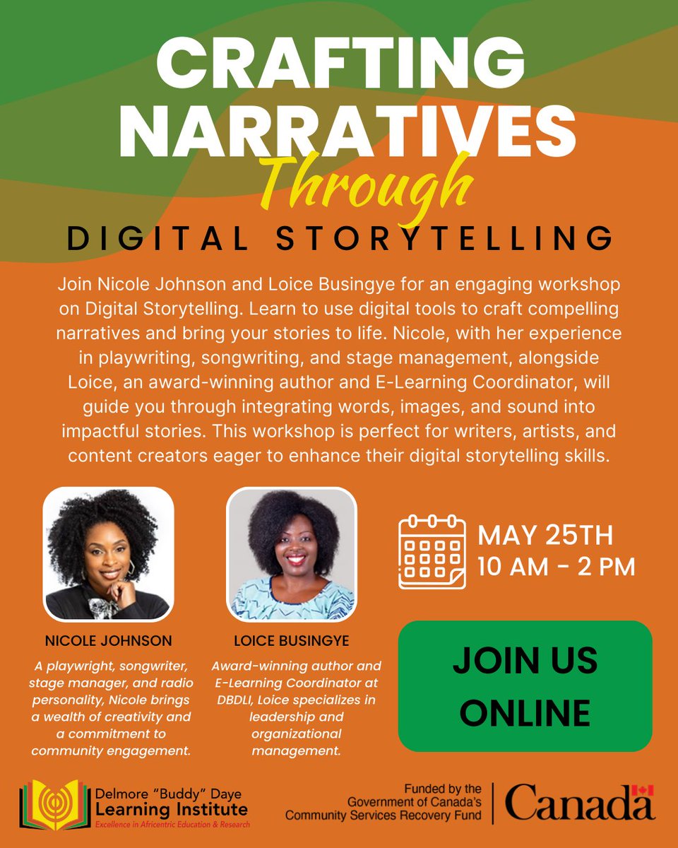 Exciting Workshop Alert! Join us for 'Crafting Narratives through Digital Storytelling' with Nicole Johnson and Loice Busingye. Explore the art of storytelling in the digital age and learn how to captivate your audience with compelling narratives. Whether you're a writer or