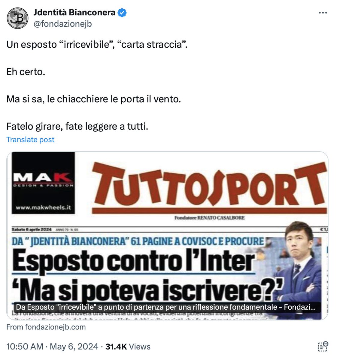 🎪Cara @fondazionejb non vi sembra un esercizio di clickbait quello di mostrare un titolo del 6 aprile scorso? 

👉Visto e considerato che avete dichiarato di annoverare tra i vostri collaboratori principi del foro, commercialisti, professionisti con esperienza internazionale vi