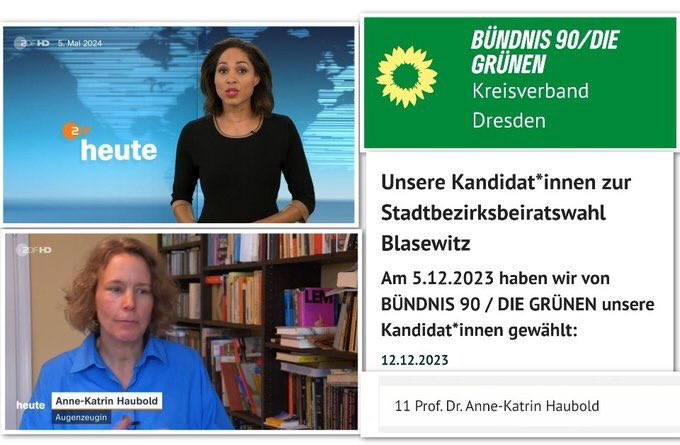 ‼️👉Bei ZDF heute wird eine Augenzeugin aus Dresden interviewt, die den Angriff auf #MatthiasEcke an 'SA Schlägertrupps' erinnert. Dass diese Grünen Politikerin ist, wird nicht erwähnt.  ViaOerrBlog