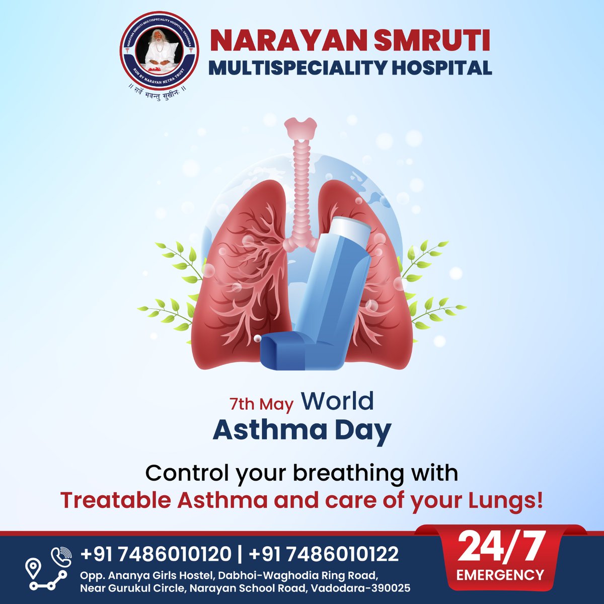 Think about your health, think about breathing healthily. On World Asthma Day, participation is crucial in sharing awareness and thoughts about healthy breathing and improving asthma. #WorldAsthmaDay #BreatheEasy #AsthmaAwareness #multispecialityhospital #narayansmrutihospital