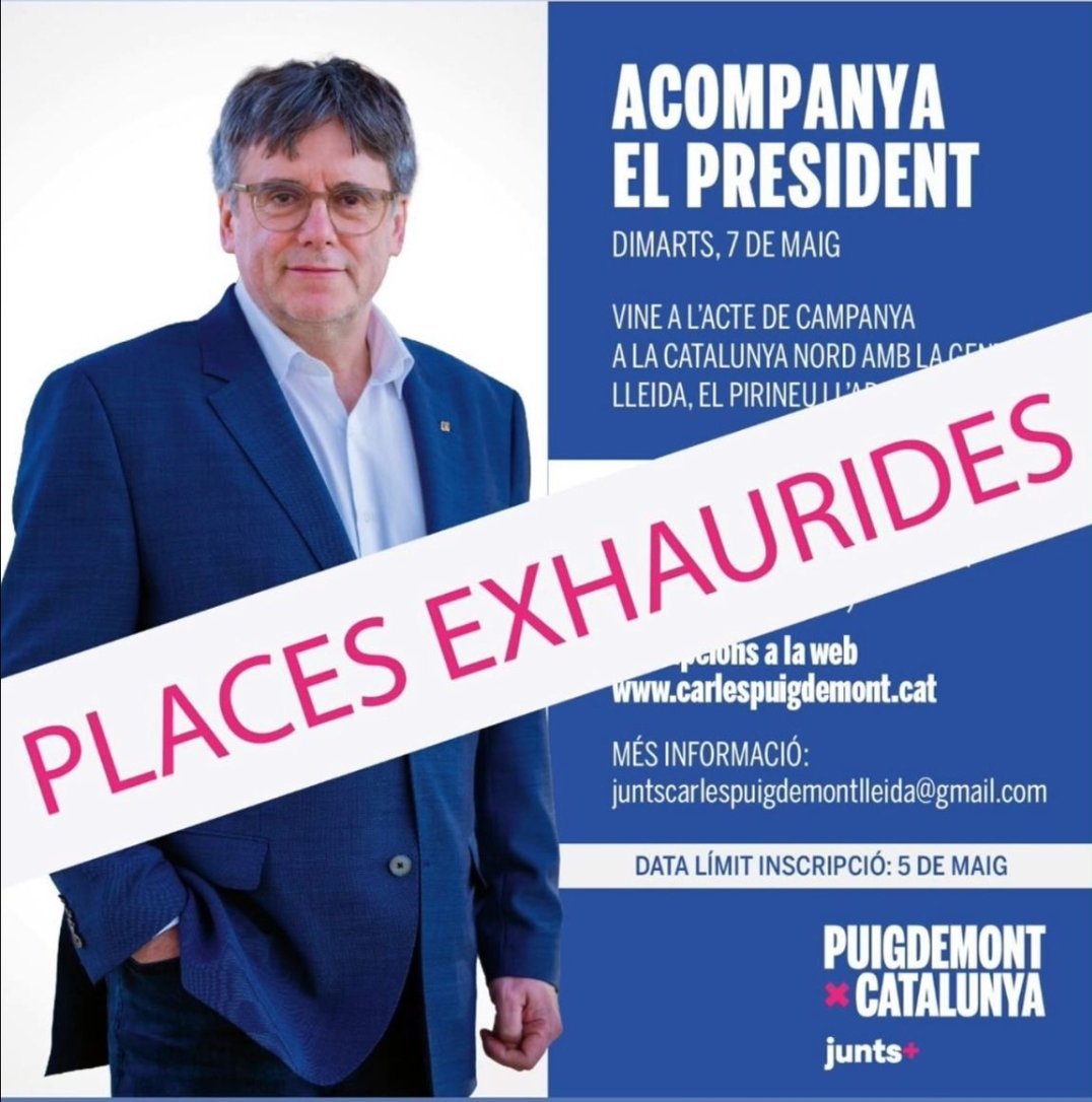 Places exhaurides pels autocars a Argelers pel míting del President @KRLS Puigdemont de Lleida, l'Alt Pirineu i l'Aran de demà 7 de maig. GRÀCIES LLEIDA, PIRINEU I L'ARAN 🙌 🙌 🙌 #PuigdemontPresident 💪