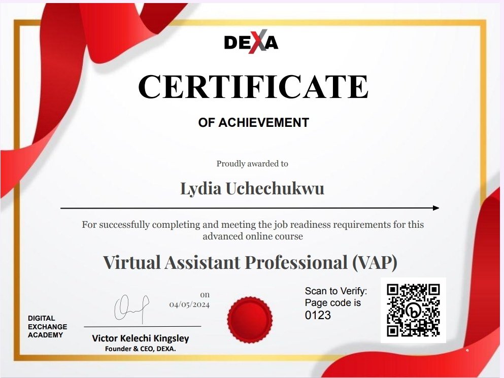 After an intensive course, I am excited to announce that I am now officially a certified Virtual Assistant by Dexa. I'm ready and equipped to help streamline your tasks and support your business goals. 

#learnwithDEXA #VirtualAssistant @leanlailacaba