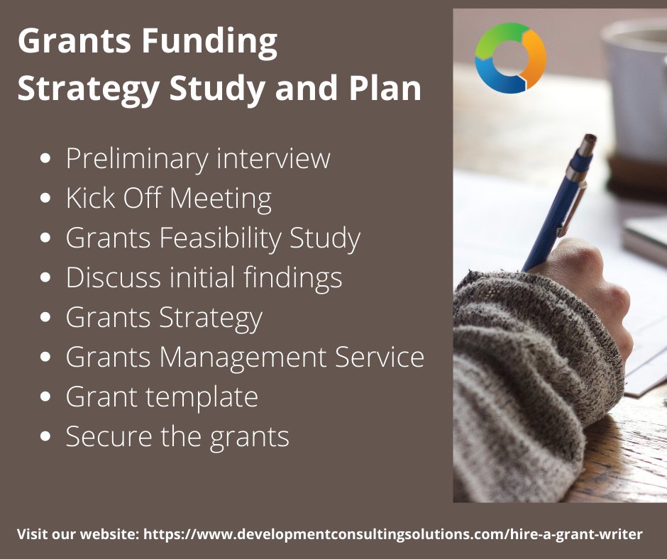 Grants Funding Strategy Study and Plan - Preliminary interview - Kick-Off Meeting - Grants Feasibility Study - Secure the Grants and more! Visit our website to learn more: developmentconsultingsolutions.com/hire-a-grant-w… #coaching #nonprofit #fundraising #fundraisingideas #charityfundraiser