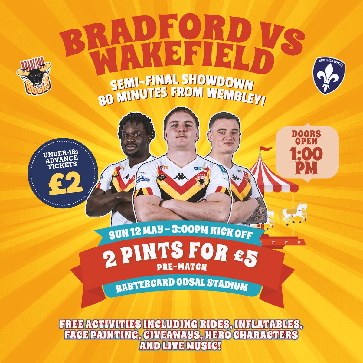 📢 | Who's booked their spot for this weekend yet? We need your support now more than ever!

🍻 | Plenty to do pre-match so head down to Bartercard Odsal early! You can also save by booking your ticket in advance...

🎟️ | bit.ly/BraWakSemi