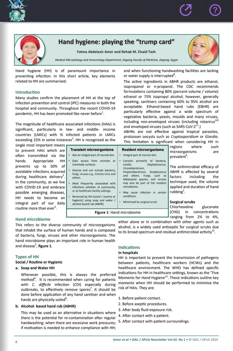 For the occasion of #WorldHandHygieneDay, this recent article by Prof. Fatma Amer &Dr Rehab Tash sets out the importance of #handhygiene in preventing transmission of infections in healthcare & the community Read the article in the ISAC/APUA newsletter ⬇️ tinyurl.com/3wh83dft