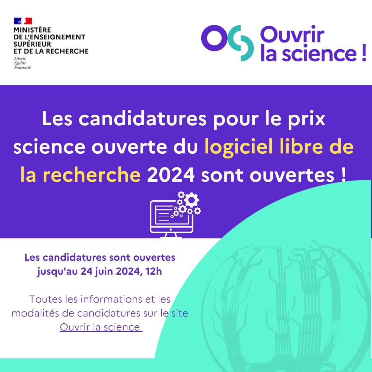 Candidatez pour le prix #scienceouverte du #logiciellibre de la recherche 2024 jusqu'au 24 juin 2024 ! ouvrirlascience.fr/les-candidatur…