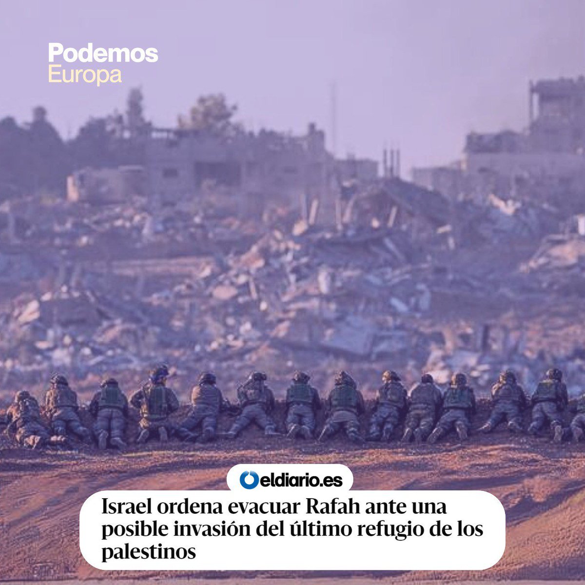 IdoiaVR's tweet photo. ‼️🇵🇸 Tras semanas asediando #Rafah, Israel anuncia una invasión terrestre que tendrá un impacto catastrófico en una población civil exhausta, hambrienta y sin escapatoria.

La UE y sus gobiernos no pueden esperar ni un minuto más para actuar y evitar una masacre sin precedentes. https://t.co/S0xIg4d9jN