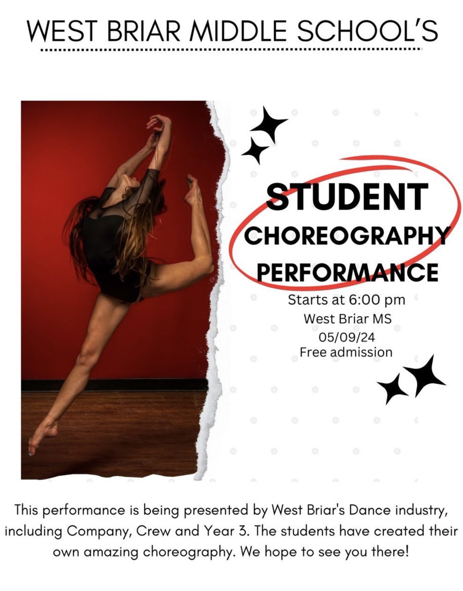 Grizzly Families! Please come and support WBMS dance students as they perform their very own choreography!
The performance with be Thursday, May 9th at 6PM. This event is free to attend!

Break-a-leg Grizzly dancers! 

@westbriarMS #grizzlyvalues‼️💙💛