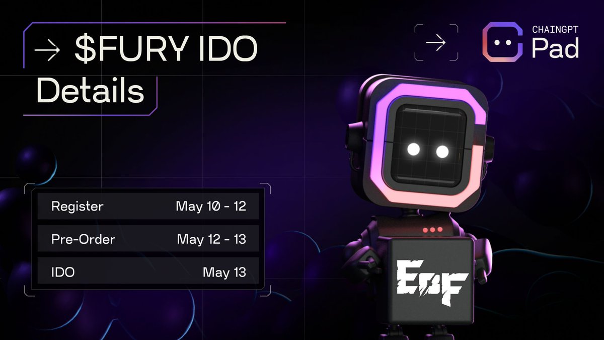 📌 @EnginesOfFury IDO Dates Breakdown: 🔹 Register Interest: 10 May, 10 AM - 12 May, 8 AM UTC 🔹 Pre-Order: 12 May, 12 PM - 13 May, 12 PM UTC 🔹 IDO: 13 May, 12 PM - 14 May, 12 AM UTC IDO Page: pad.chaingpt.org/buy-token/75