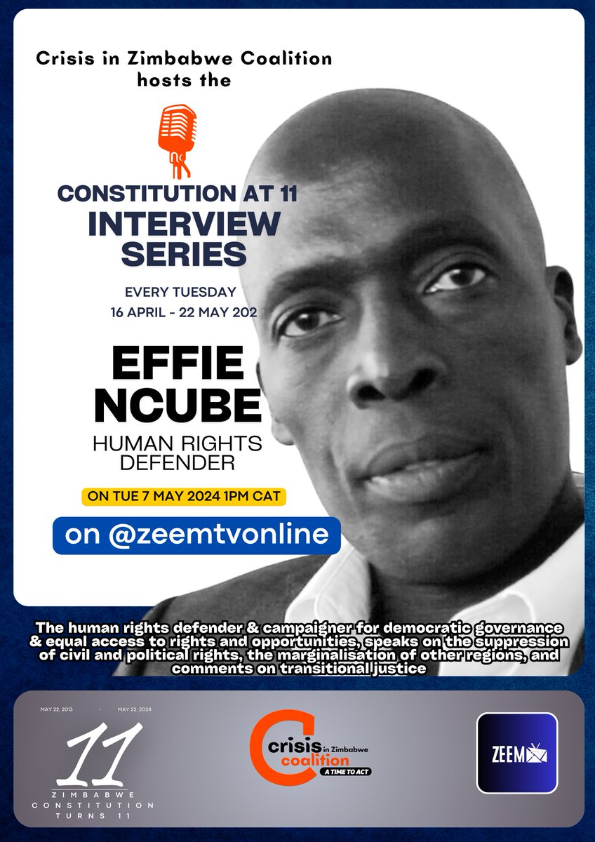 Tue 7 May, @EffieNcube, a renowned rights defender & campaigner for democratic governance & equity >Suppression of civil & political rights, > Continued marginalisation of other regions >Transitional justice Hosted by @crisiscoalition @tapiwazivira