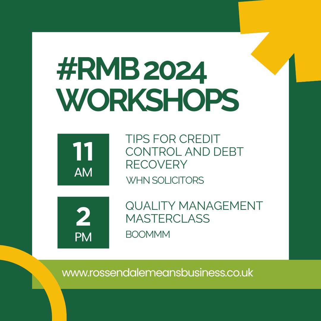 Check out the workshops we are bringing to our Rossendale Means Business Event 2024. ⭐ Tips For Credit Control and Debt Recovery - brought to you by Woodcocks Haworth & Nuttall Solicitors ⭐Quality Management Masterclass - brought to you by Jane Pallister from Boommm