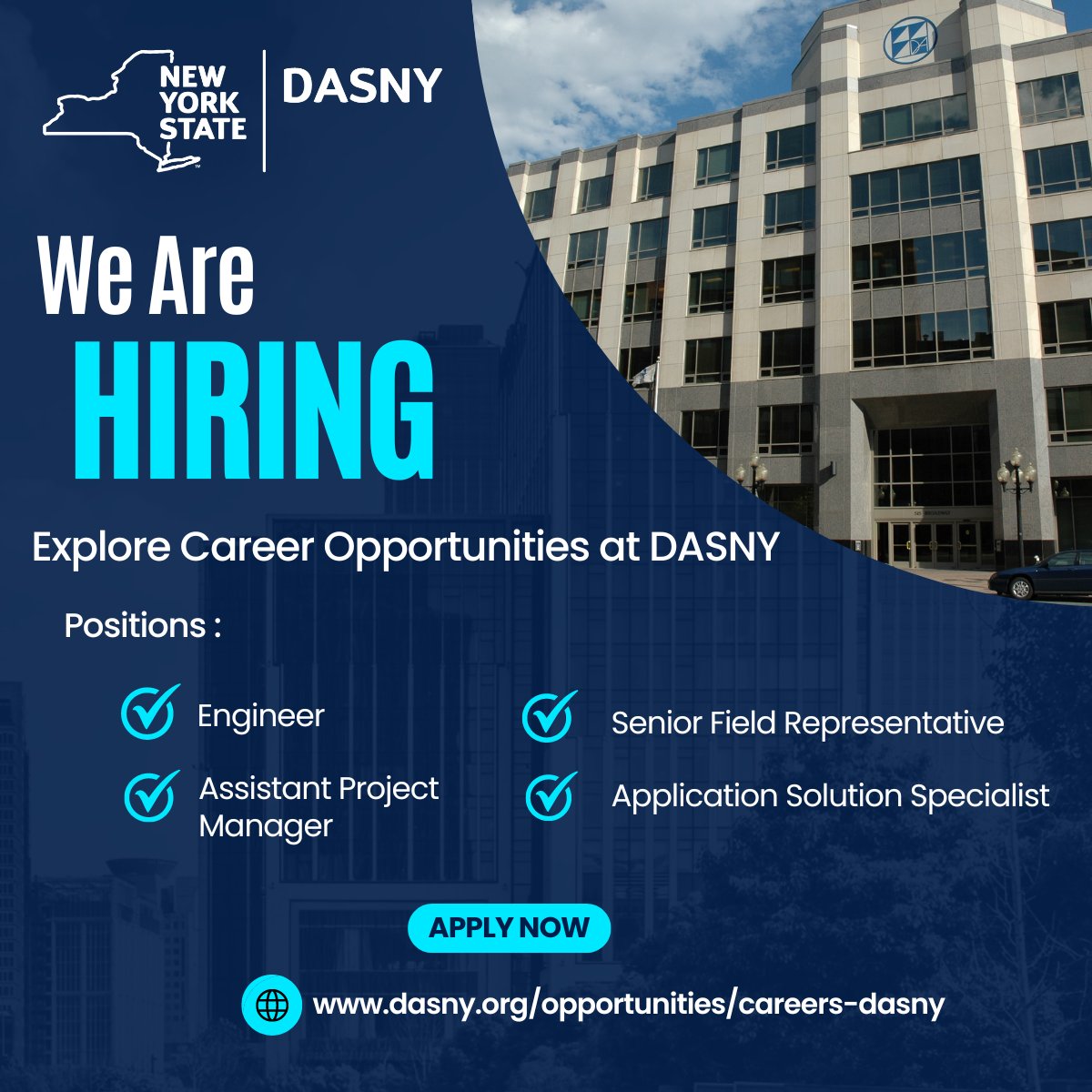 #WeAreHiring! DASNY employs a wide range of skilled professionals to carry out its mission of building New York's Future. Visit our website for career opportunities: bit.ly/3VlkggJ #DASNY #Construction #PublicFinance #Hiring