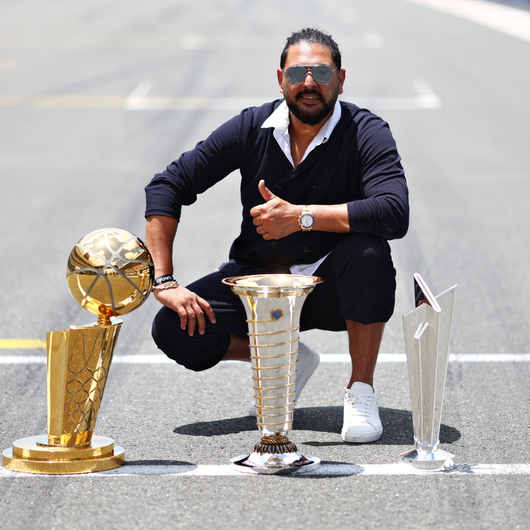 ICC Men's #T20WorldCup 2024 Ambassador Yuvraj Singh with the 🏆 in Miami 📸