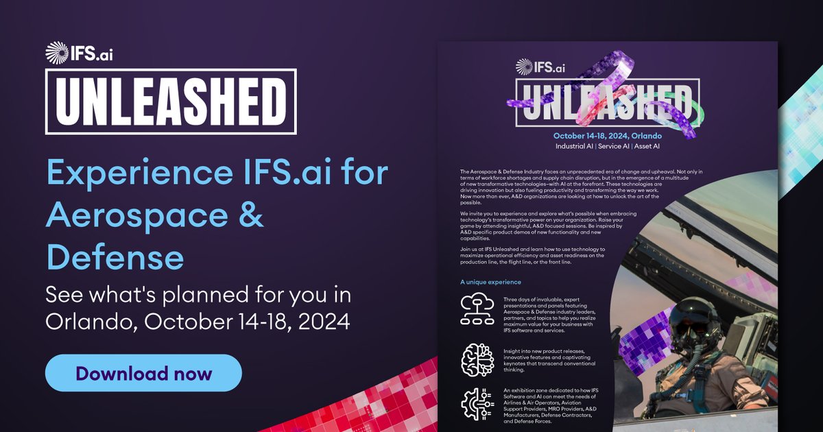 Join us at IFS Unleashed, where Aerospace & Defense focus reaches new heights! 🛫 Want the full insight? Explore more of what's in store for Aerospace & Defense industry now 👉 ifs.link/a7ZJH4    #IFS #IFSUnleashed #AI #AerospaceandDefense