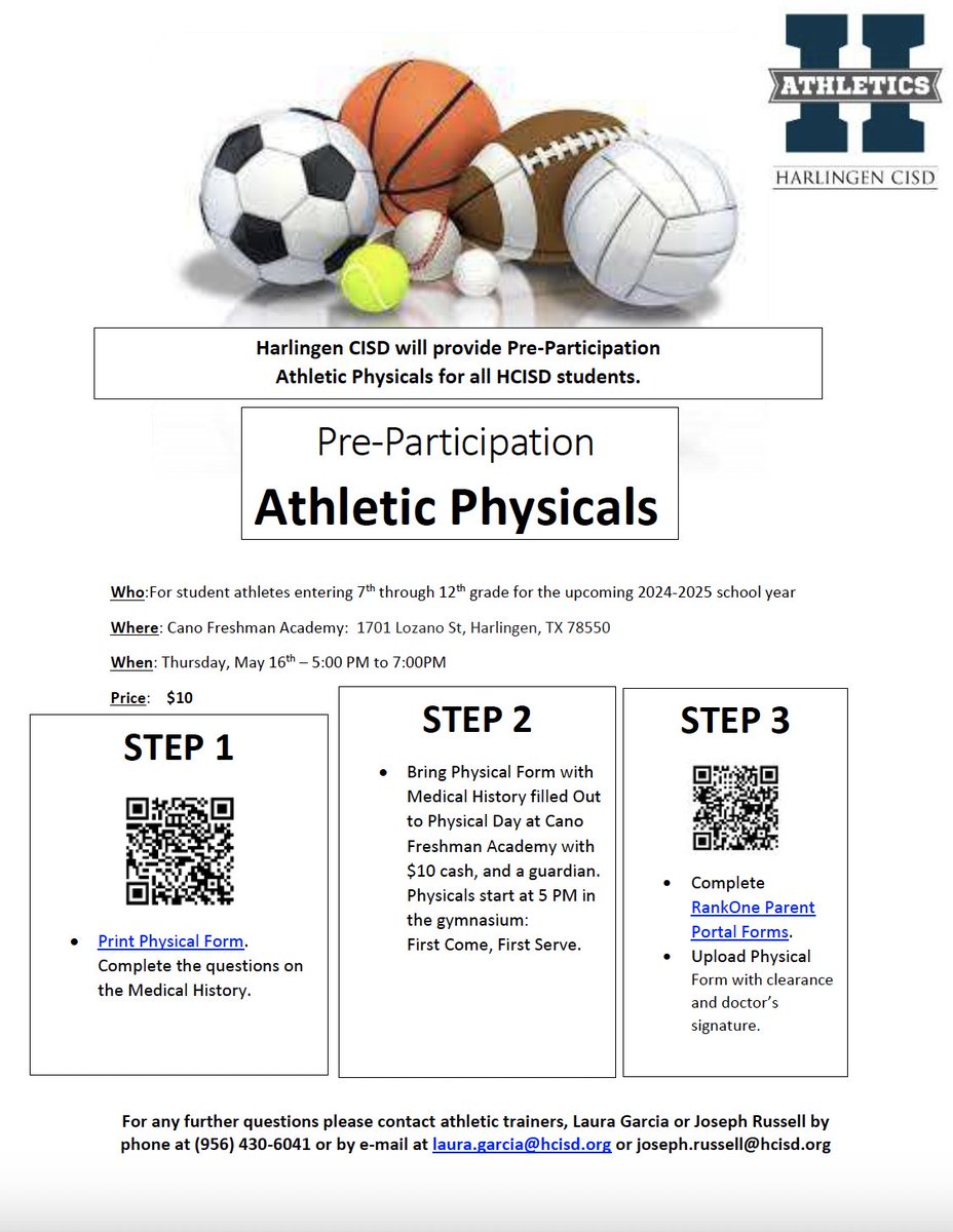 HCISD Athletics will provide a low cost physical on 3 different dates and sites!!! The physical will cost $10 Cash only. Please, fill out your student's Medical History, signed by the guardian in blue or black ink. Students should wear athletic clothing for the physical.