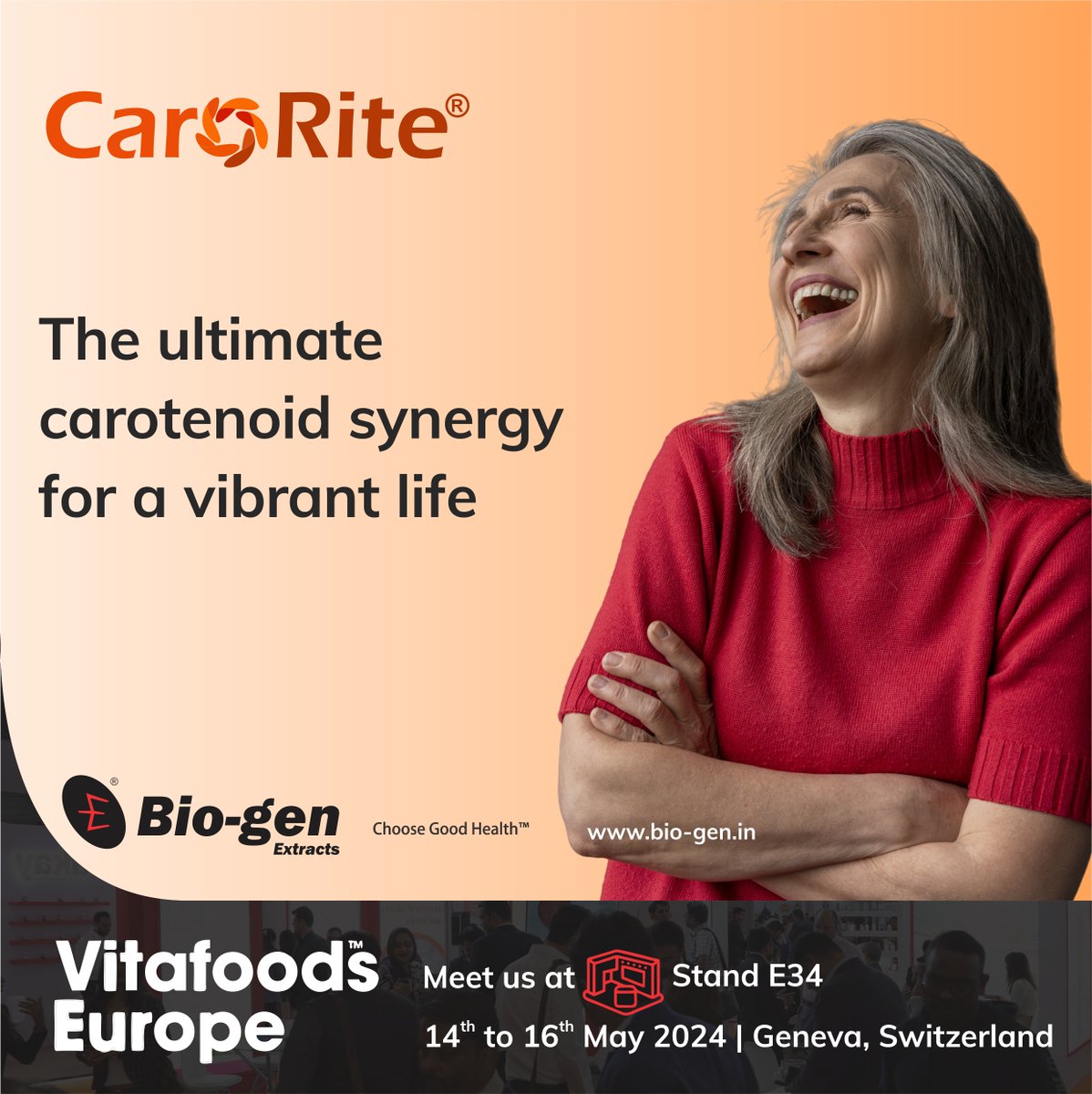 Discover CaroRite® , the ultimate carotenoid synergy for improving quality of life

Visit us at Stand E34 from 14th to 16th May at Vitafoods Europe 2024, to help your consumers Choose Good Health™.

Write to sales@bio-gen.in for an appointment!

#carotenoids #vitafoodseurope