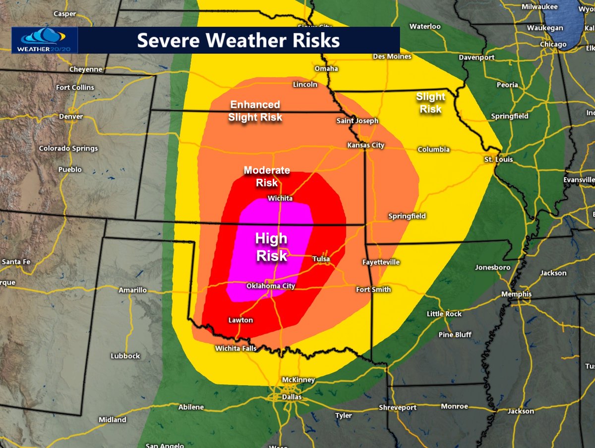 A rare HIGH RISK, a level 5 out of 5 risk, has been issued by the Storm Prediction Center. Long track strong tornadoes are possible near this region. Kansas City is in the level 3 out of 5 risk. Let's monitor this dangerous day closely.